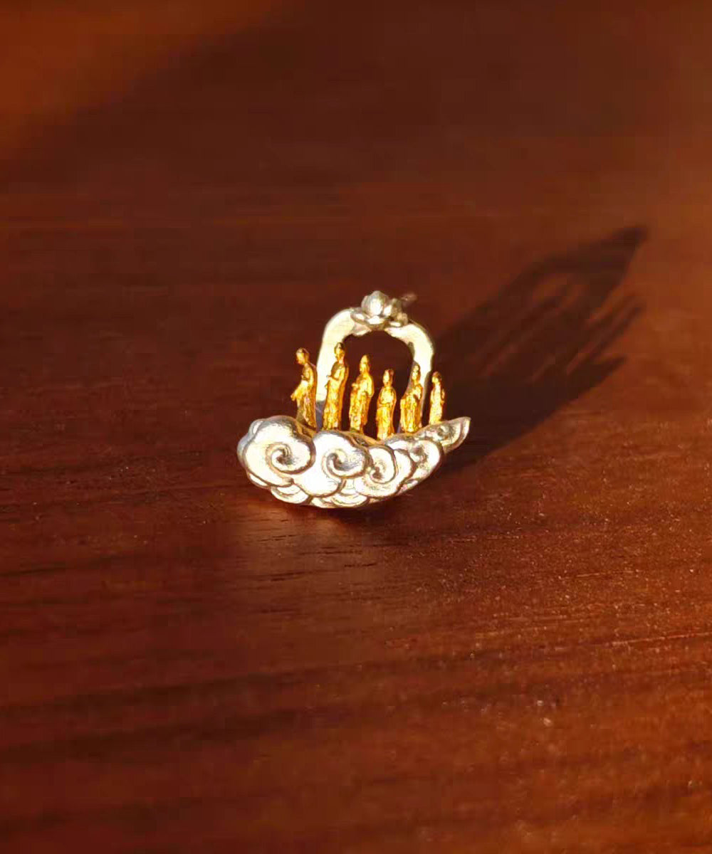 Gold Sterling Silver Overgild Auspicious Clouds Lotus Six Buddhas Stud Earrings