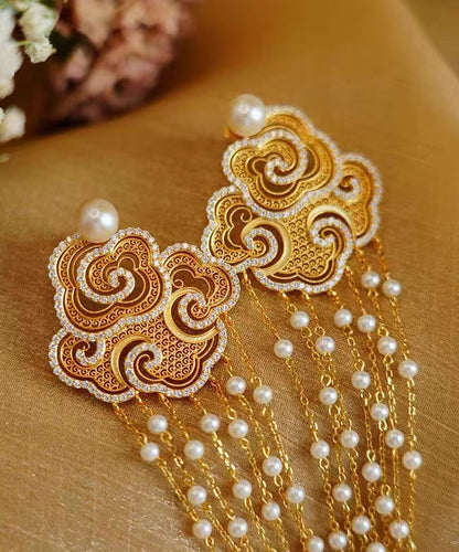 Gold Sterling Silver Overgild Pearl Auspicious Clouds Tassel Drop Earrings