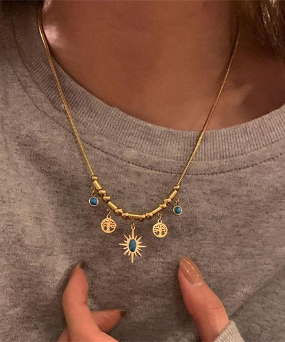 Gold Sterling Silver Overgild Turquoise Sunflower Tassel Pendant Necklace