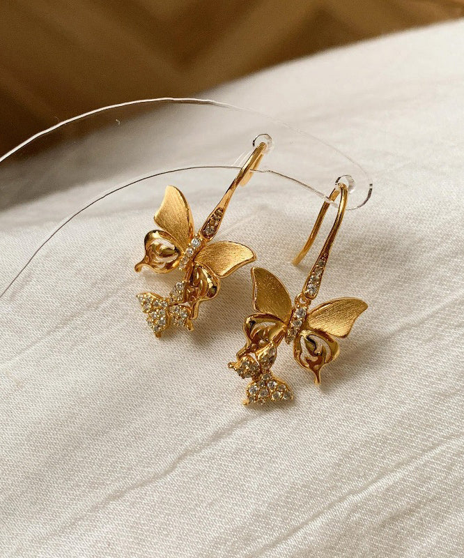 Gold Sterling Silver Overgild Zircon Butterfly Drop Earrings