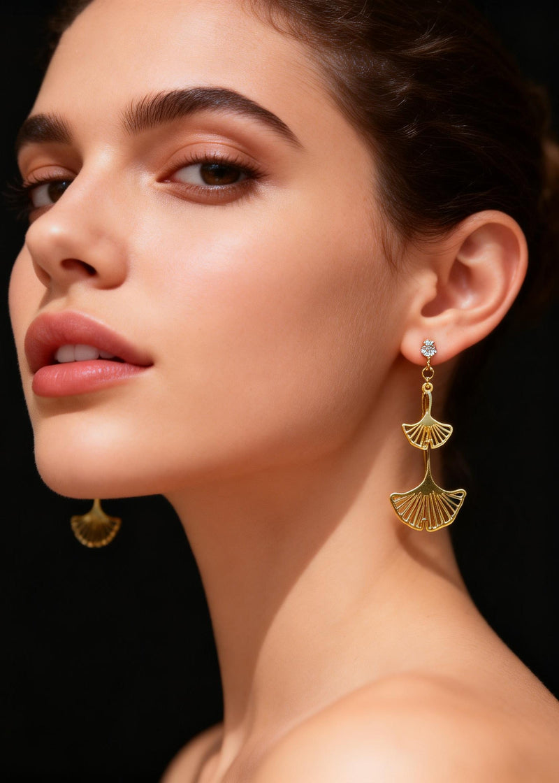 Golden Ginkgo Leaf Zircon Drop Earrings