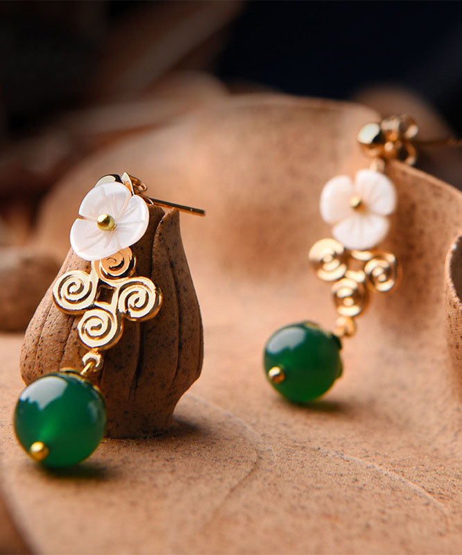 Green Agate White Shellfish Flower14k Gold Drop Earrings