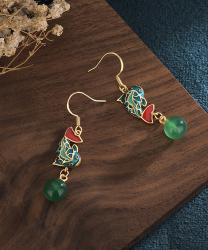 Green Ancient Gold Chalcedony a Fish Leaping Over the Dragon Gate Drop Earrings