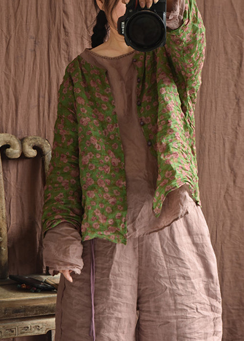 Green Button Print Linen Blouse Long Sleeve F4207