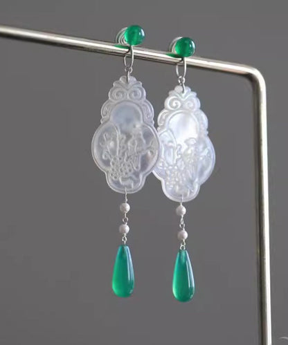 Green Copper Jade Flowers and Birds Water Droplet Drop Earrings