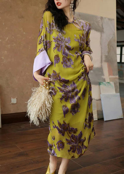 Green Embroidered Patchwork Chiffon Long Dress Spring Uu1033