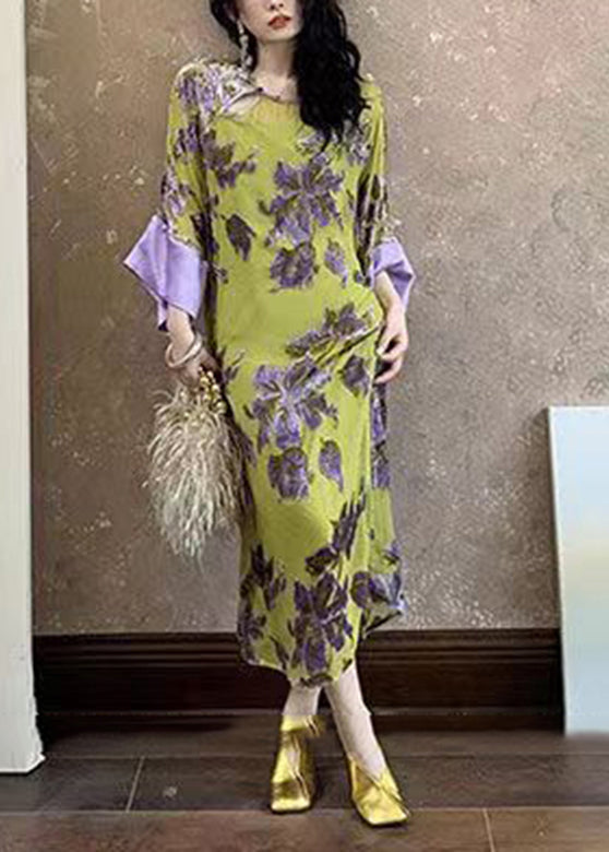 Green Embroidered Patchwork Chiffon Long Dress Spring Uu1033