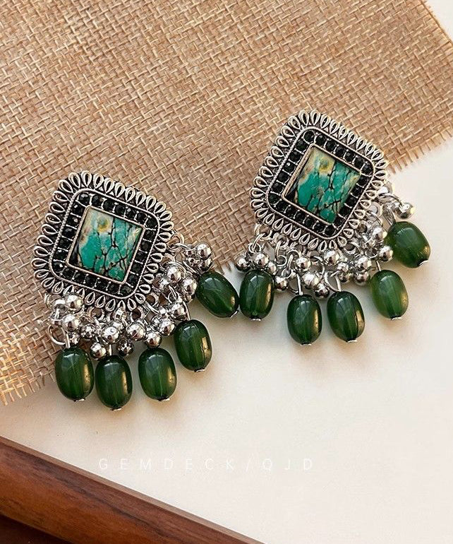 Green Geometric Tassel Silver Plated Drop Earrings