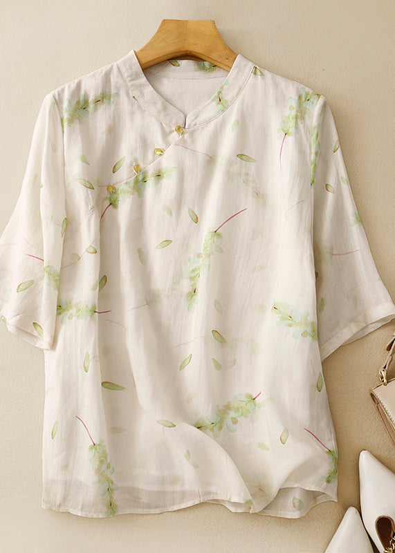 Green Stand Collar Print Linen Blouse Tops Summer Am1064