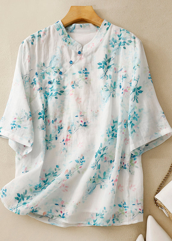 Green Stand Collar Print Linen Blouse Tops Summer Am1064