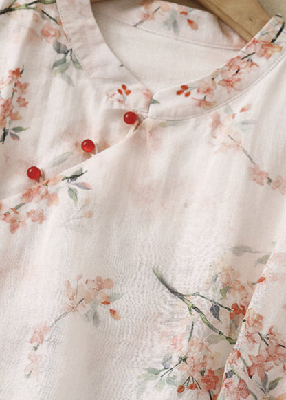 Green Stand Collar Print Linen Blouse Tops Summer Am1064
