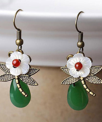 Green Sterling Silver Agate Shell Flower Cloured Glaze Dragonfly Drop Earrings