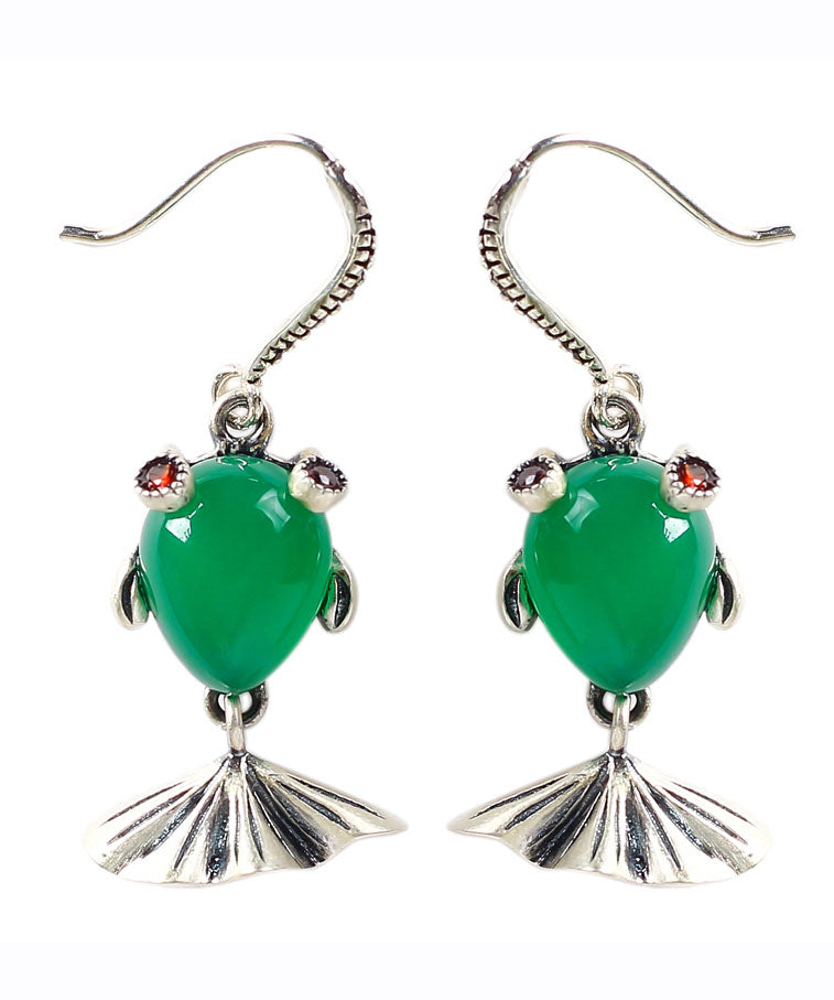 Green Sterling Silver Inlaid Gem Stone Chalcedony Goldfish Drop Earrings