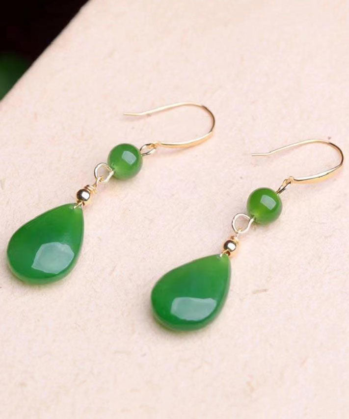 Green Sterling Silver Inlaid Jade Water Drop Drop Earrings