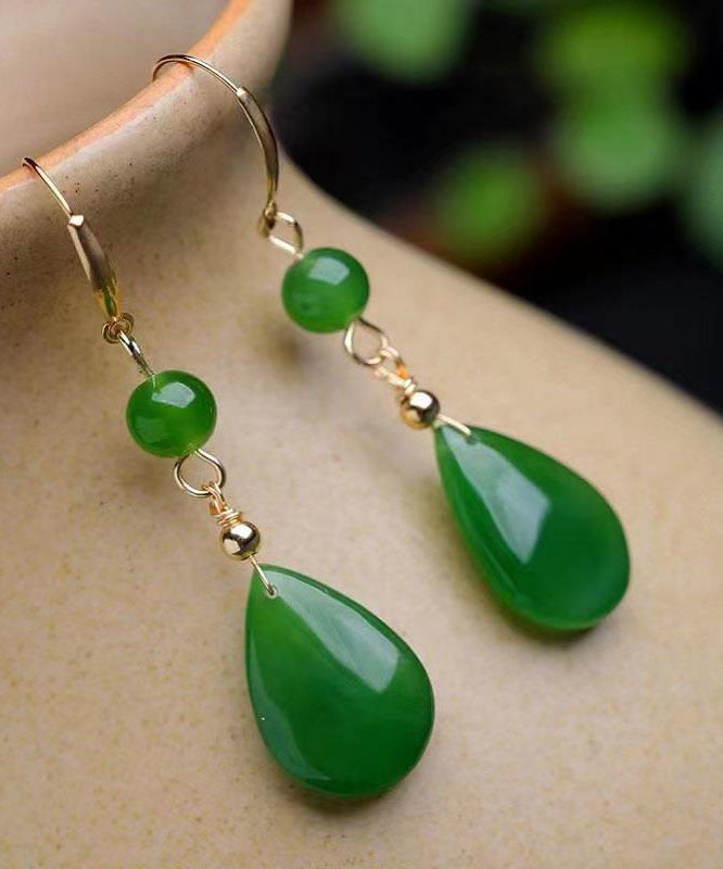 Green Sterling Silver Inlaid Jade Water Drop Drop Earrings