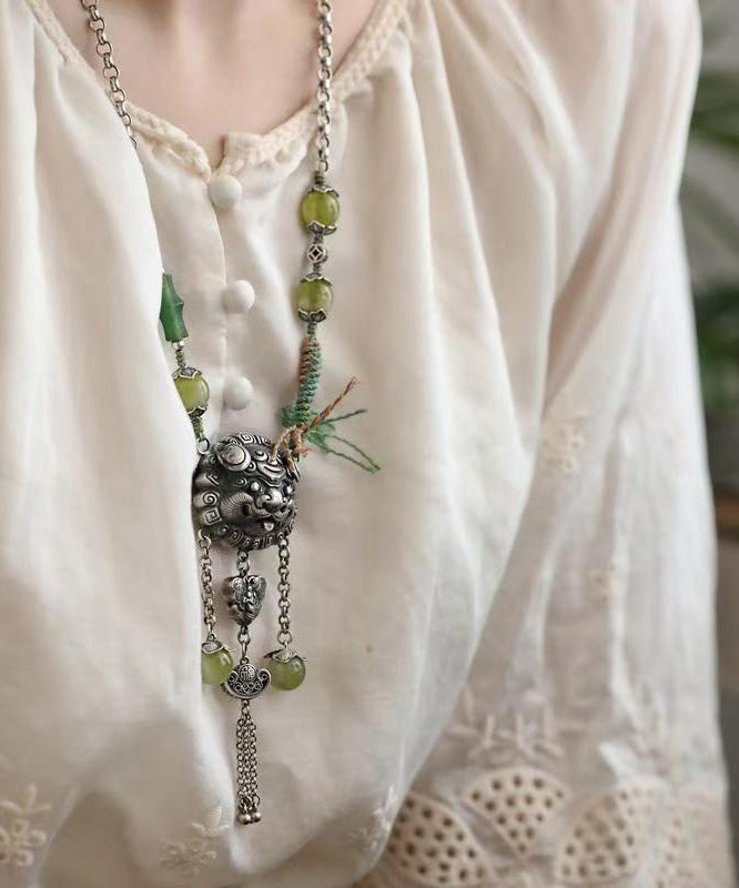 Green Sterling Silver Jade Tassel Lariat Necklace Qj051