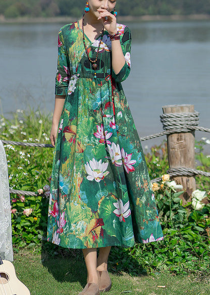 Green V Neck Print Elastic Waist Maxi Dresses Spring Ly1739