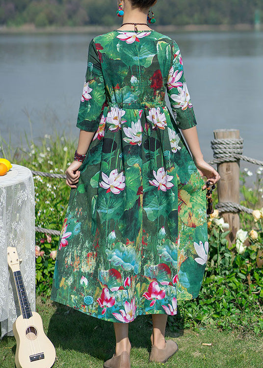 Green V Neck Print Elastic Waist Maxi Dresses Spring Ly1739