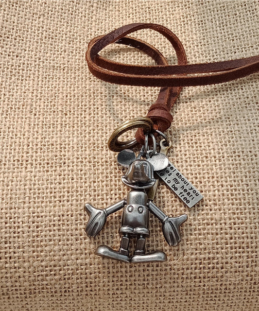 Grey Faux Leather Robot Pendant Necklace