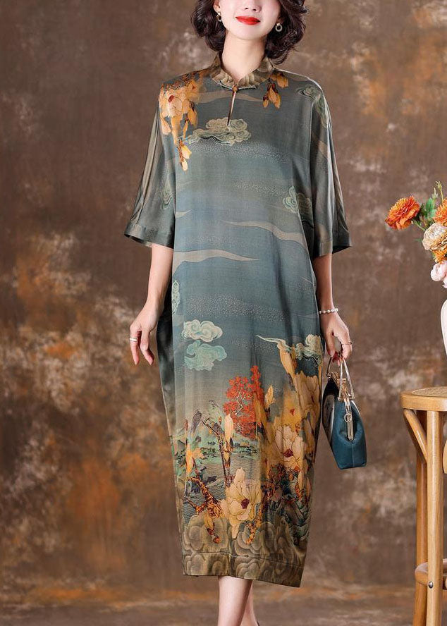 Grey Mandarin Collar Print Silk Long Dress Caftan Half Sleeve Ly1708
