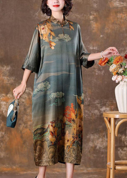Grey Mandarin Collar Print Silk Long Dress Caftan Half Sleeve Ly1708