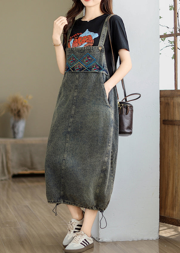 Grey Pockets Patchwork Drawstring Denim Maxi Dresses Summer Uu042