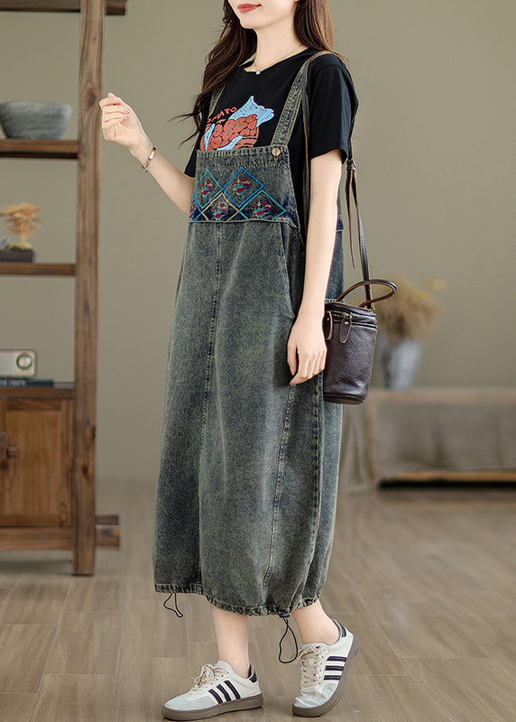 Grey Pockets Patchwork Drawstring Denim Maxi Dresses Summer Uu042