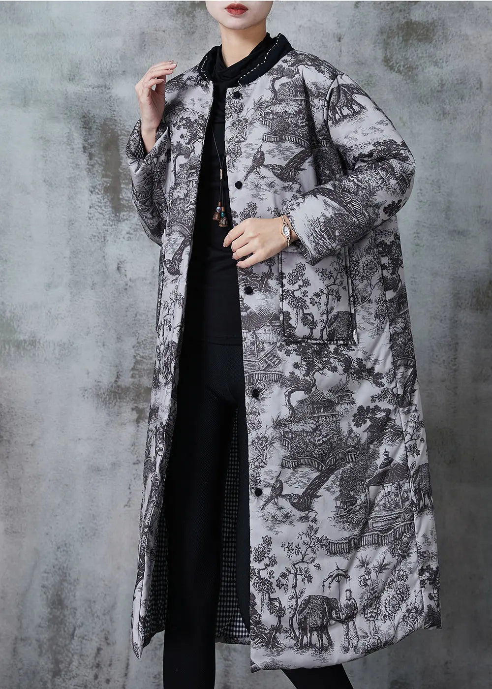 Grey Print Pockets Fine Cotton Filled Coats Winter Jk1052