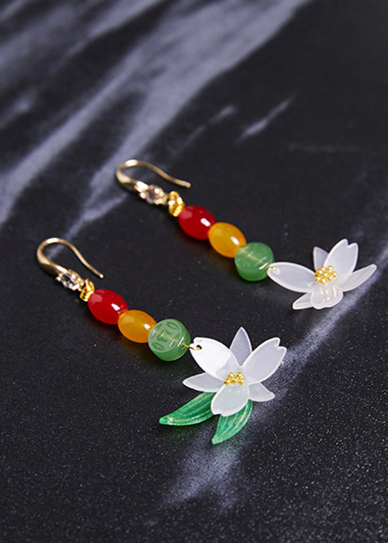 Jade Lotus Flower Zircon Drop Earrings