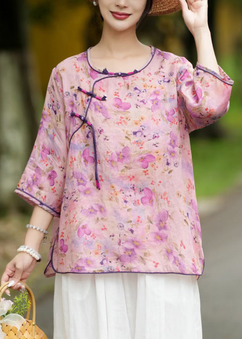 Khaki Button Print Linen Blouse Bracelet Sleeve Jh008
