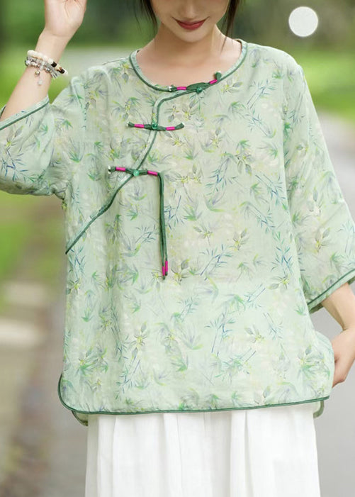 Khaki Button Print Linen Blouse Bracelet Sleeve Jh008