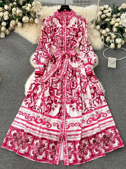 Long Dress Printing Long Sleeve Maxi Dresses Slim A-line High Waisted Bandage Long Robe Vestidos