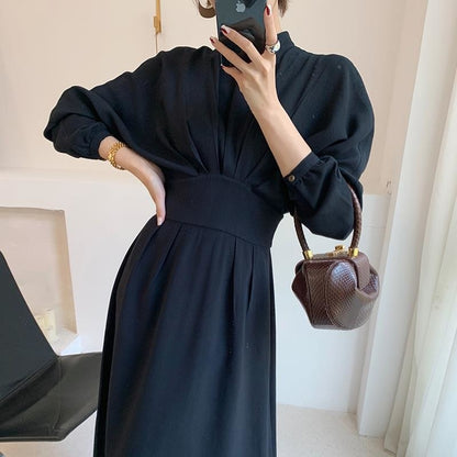 Long Sleeve Autumn Bodycon Dress Slimming Pleated Stand Collar Midi Dress