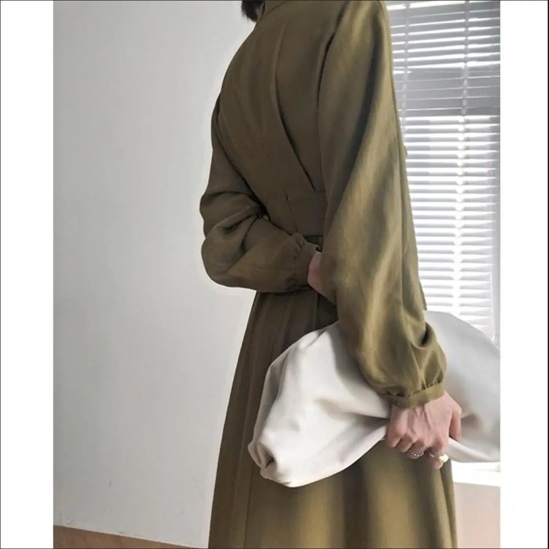 Long Sleeve Autumn Bodycon Dress Slimming Pleated Stand Collar Midi Dress