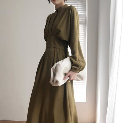 Long Sleeve Autumn Bodycon Dress Slimming Pleated Stand Collar Midi Dress