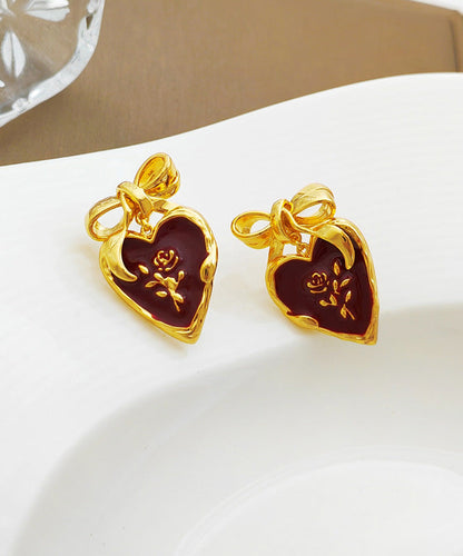 Mulberry Copper Overgild Oil Drip Heart Stud Earrings