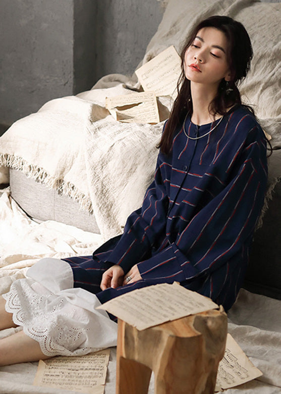 Navy Blue O-neck Striped Patchwork Cozy Cotton Long Dress Long Sleeve Ly1900