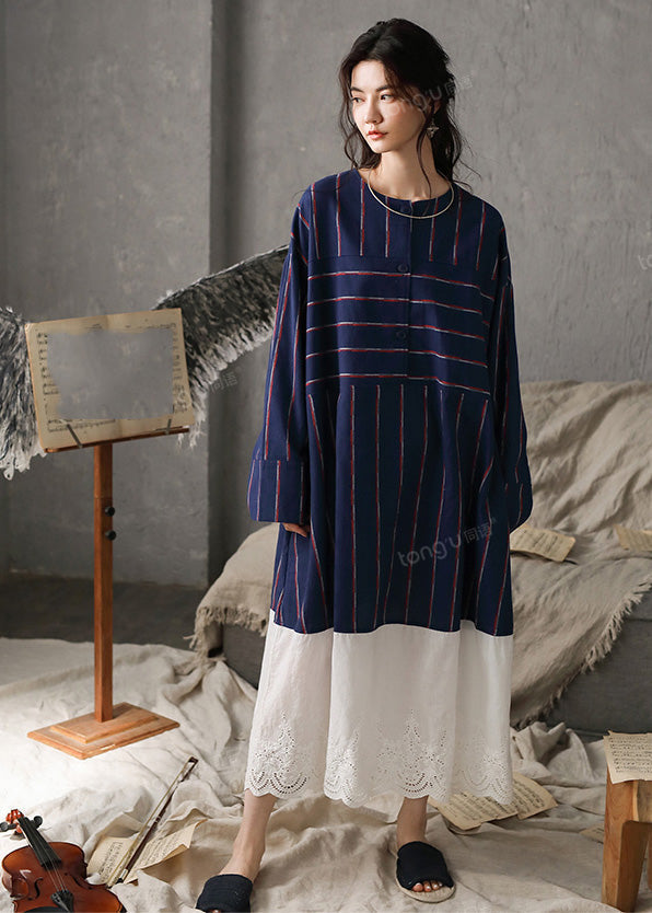Navy Blue O-neck Striped Patchwork Cozy Cotton Long Dress Long Sleeve To1033