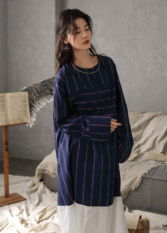 Navy Blue O-neck Striped Patchwork Cozy Cotton Long Dress Long Sleeve To1033