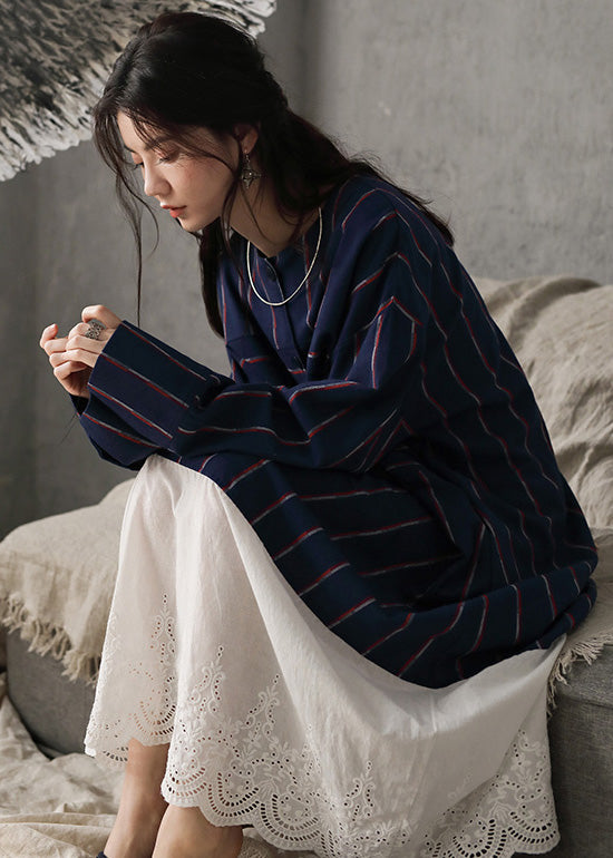 Navy Blue O-neck Striped Patchwork Cozy Cotton Long Dress Long Sleeve To1033