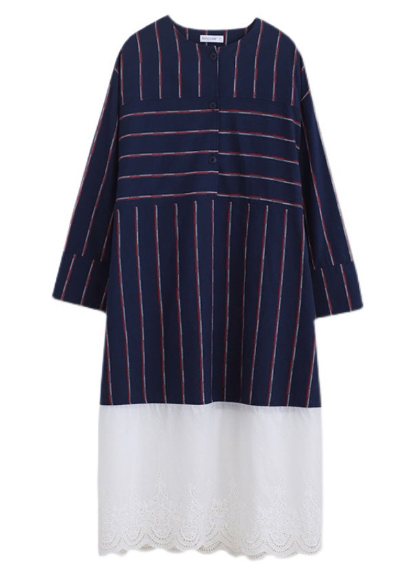 Navy Blue O-neck Striped Patchwork Cozy Cotton Long Dress Long Sleeve To1033