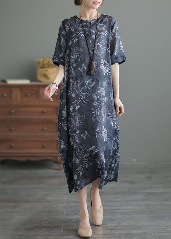 Navy O Neck Print Pockets Patchwork Linen Long Dresses Summer Tp1002