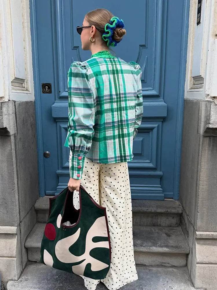 Plaid Contrasting O Neck Blouse
