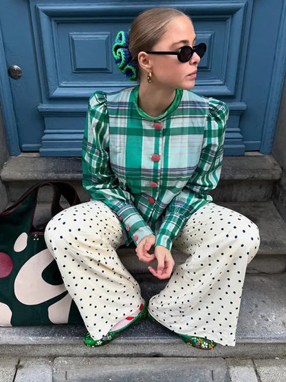 Plaid Contrasting O Neck Blouse