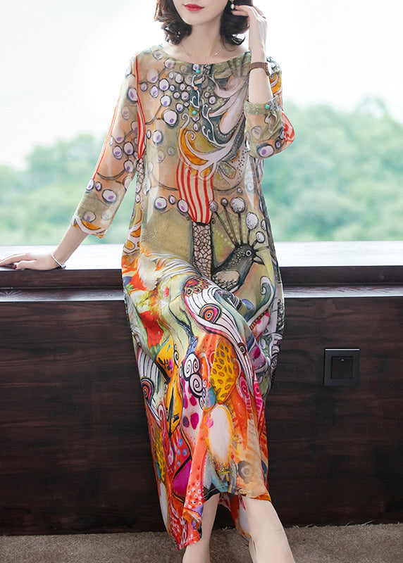 O-neck Print Silk Vacation Long Dresses Long Sleeve Ly1782