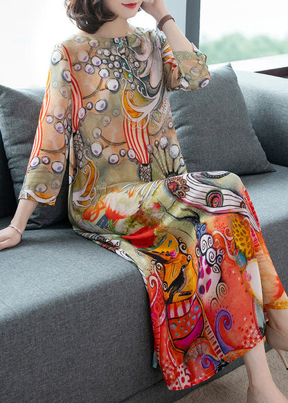 O-neck Print Silk Vacation Long Dresses Long Sleeve Ly1782