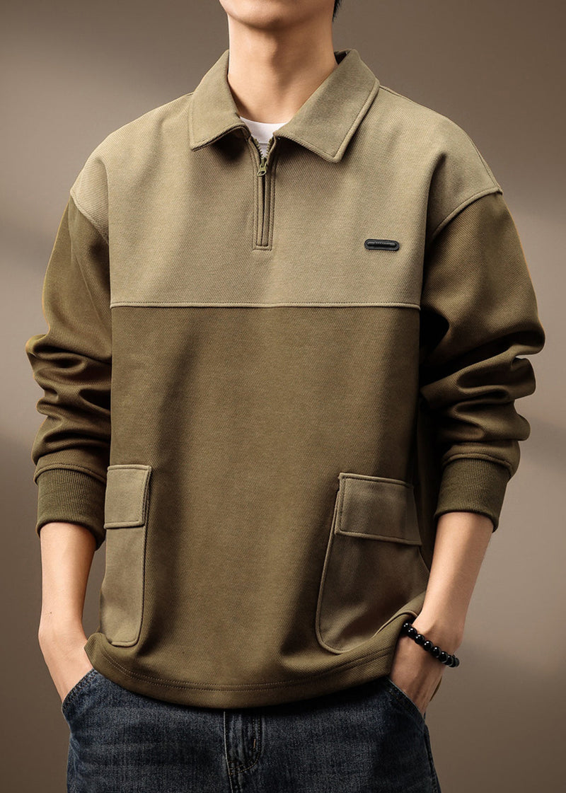 Cotton Spring Zip Green Olive Pockets Sweatshirt Patchwork Up Tc014