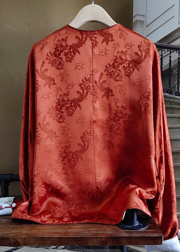 Orange Chinese Button Jacquard Patchwork Silk Blouses Spring Ly1063
