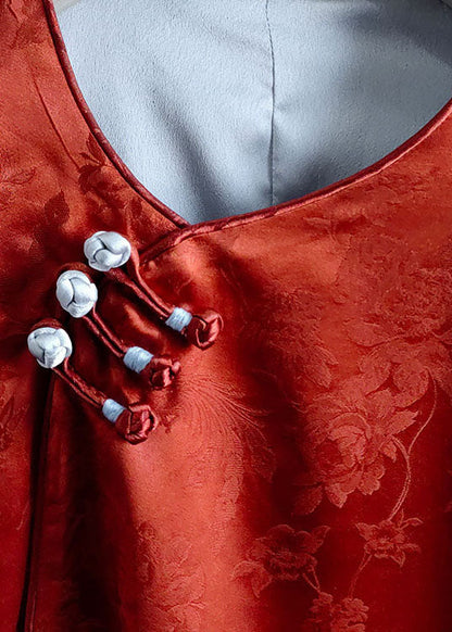 Orange Chinese Button Jacquard Patchwork Silk Blouses Spring Ly1063