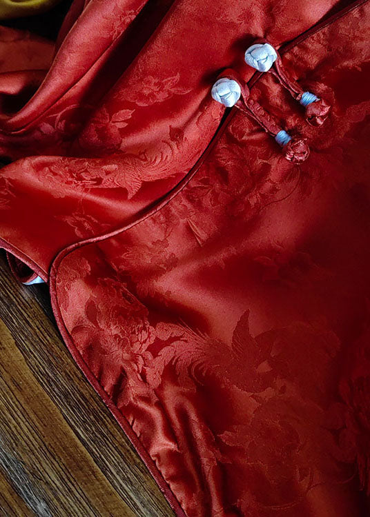 Orange Chinese Button Jacquard Patchwork Silk Blouses Spring Ly1063